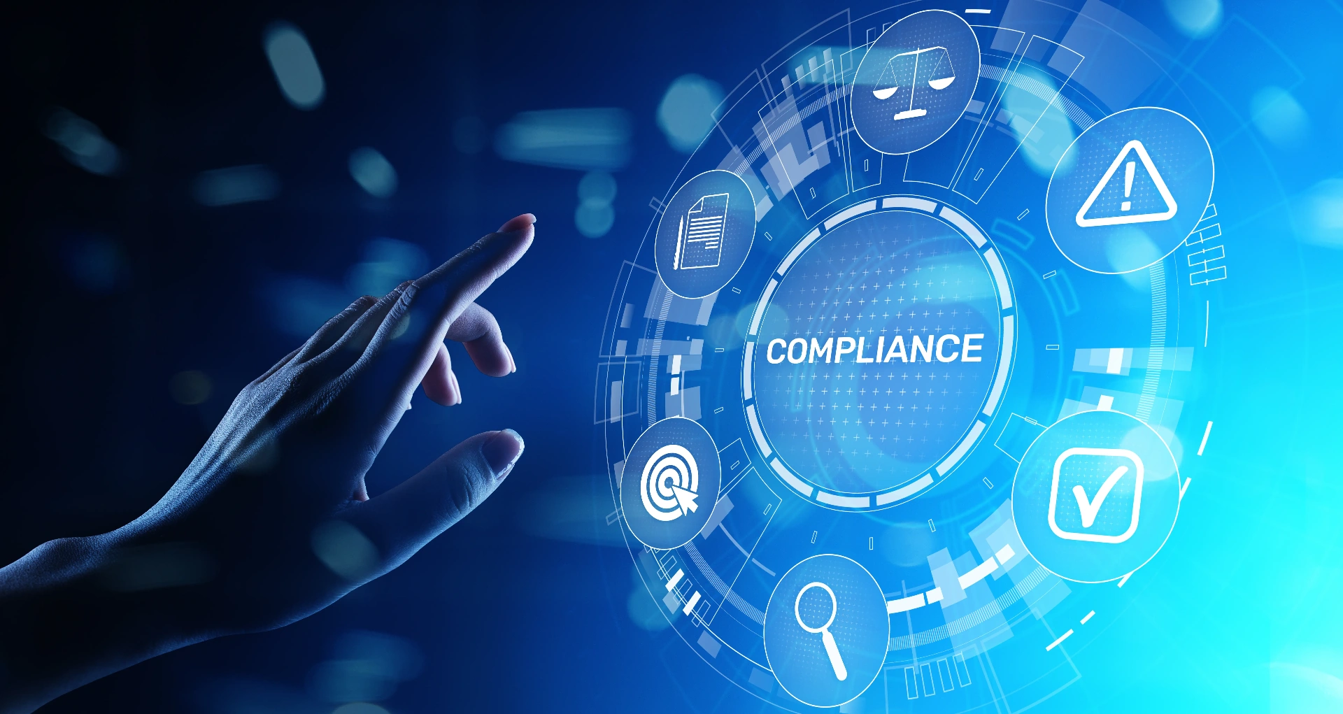 Hand pointing at compliance hub with regulatory and verification icons